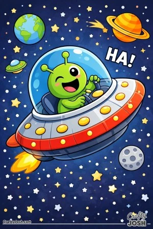 A goofy alien laughs while flying a spaceship slightly sideways through outer space, surrounded by stars and planets.