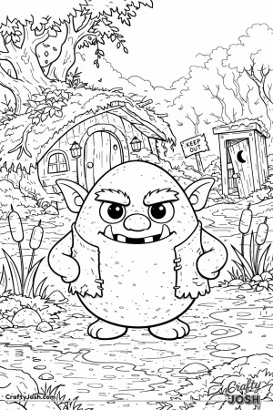 egg-ogre wearing a ragged vest stands in a muddy swamp with a hut, outhouse, and a “keep out” sign behind it