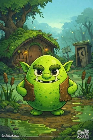 egg-ogre wearing a ragged vest stands in a muddy swamp with a hut, outhouse, and a “keep out” sign behind it