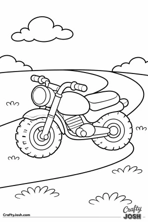 Motorcycle with big wheels is parked on a gentle curved path, designed especially for young children to color easily.