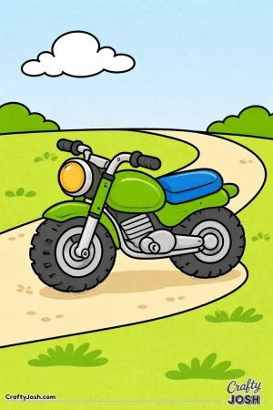 Motorcycle with big wheels is parked on a gentle curved path, designed especially for young children to color easily.