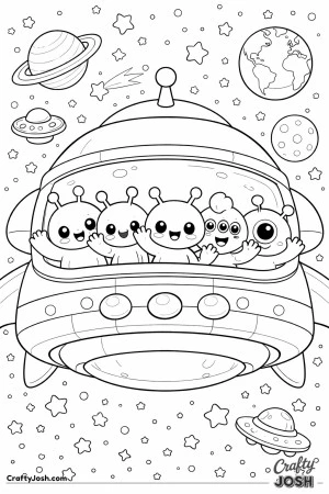 A group of friendly aliens wave happily from the window of a large spaceship floating in outer space.