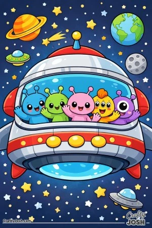 A group of friendly aliens wave happily from the window of a large spaceship floating in outer space.