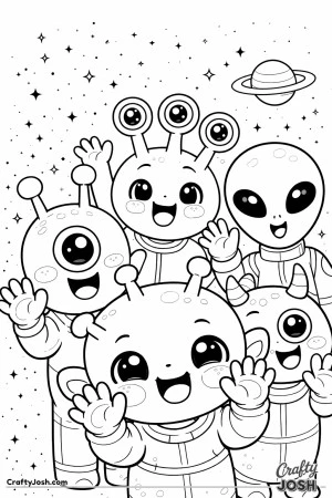 A group of friendly aliens stand close together, smiling and waving hello, with stars and a ringed planet in the space background