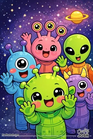 A group of friendly aliens stand close together, smiling and waving hello, with stars and a ringed planet in the space background