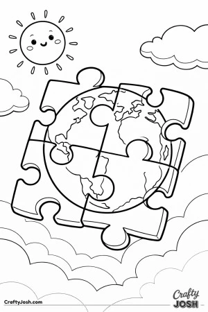 Four big puzzle pieces fit together to form a round Earth, floating in the sky with a smiling sun and fluffy clouds