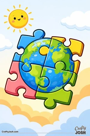 Four big puzzle pieces fit together to form a round Earth, floating in the sky with a smiling sun and fluffy clouds