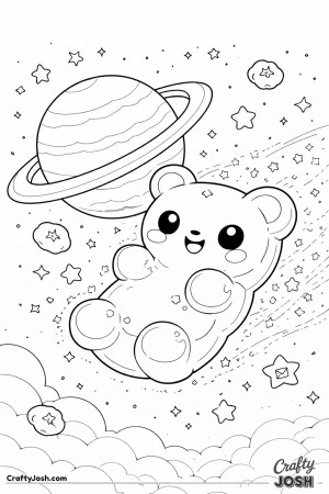 A gummy bear–shaped asteroid floats through space with a happy face as it drifts past a large ringed planet, surrounded by stars and small space ..