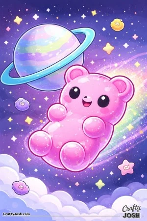 A gummy bear–shaped asteroid floats through space with a happy face as it drifts past a large ringed planet, surrounded by stars and small space ..