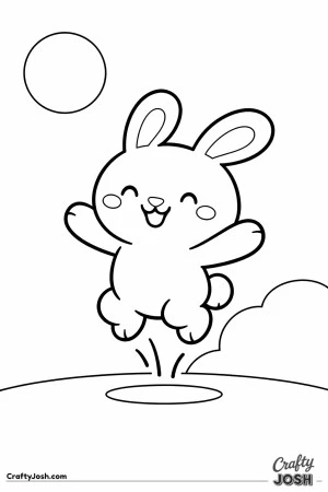 A happy bunny is jumping high in the air with a big smile, a round sun in the sky, and a simple grassy hill below