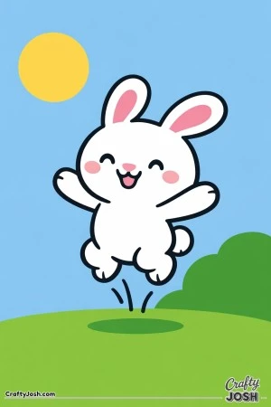 A happy bunny is jumping high in the air with a big smile, a round sun in the sky, and a simple grassy hill below