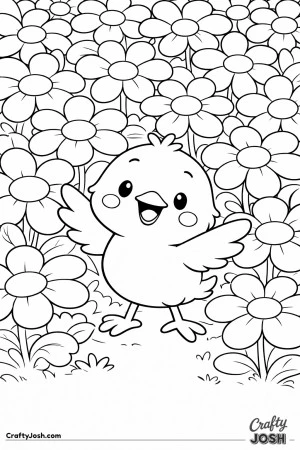 A cute baby chick stands in the middle of a flower patch with big simple blossoms all around