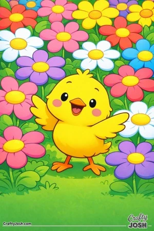 A cute baby chick stands in the middle of a flower patch with big simple blossoms all around