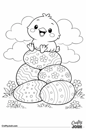 A cute chick sits on top of a stack of decorated eggs with simple fluffy clouds behind it