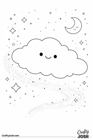 This picture shows a smiling cloud floating in the sky with a crescent moon, stars, and a swirling star trail