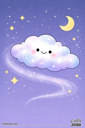 This picture shows a smiling cloud floating in the sky with a crescent moon, stars, and a swirling star trail