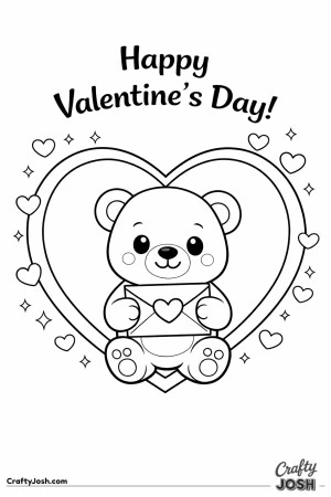 A teddy bear sits inside a large heart-shaped frame with “Happy Valentine’s Day!” written above and small hearts and sparkles around the edges