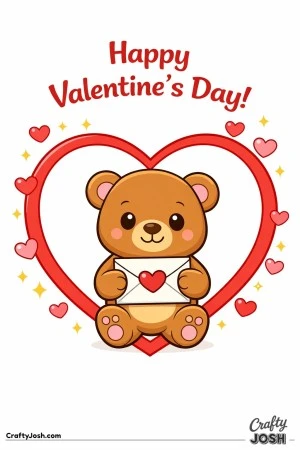A teddy bear sits inside a large heart-shaped frame with “Happy Valentine’s Day!” written above and small hearts and sparkles around the edges