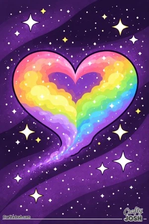 A big heart-shaped nebula floats in space with puffy cloud shapes inside it and stars all around