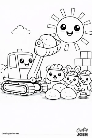 This digger features a thick raised arm and large rounded bucket working confidently alongside a bear, bunny, and puppy construction helpers designed ..