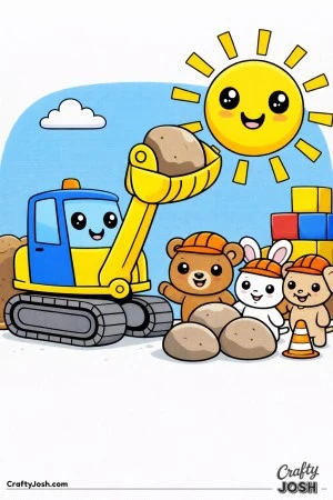This digger features a thick raised arm and large rounded bucket working confidently alongside a bear, bunny, and puppy construction helpers designed ..