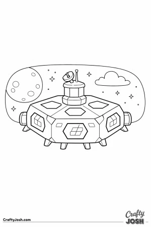 A hexagon-shaped space station is shown with glowing windows, a central tower, and space details like a moon, stars, and a cloud in the background