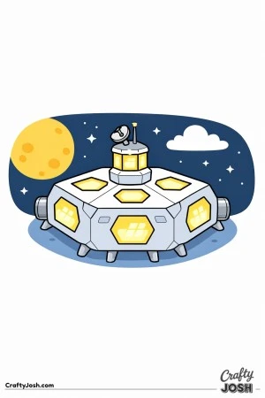 A hexagon-shaped space station is shown with glowing windows, a central tower, and space details like a moon, stars, and a cloud in the background