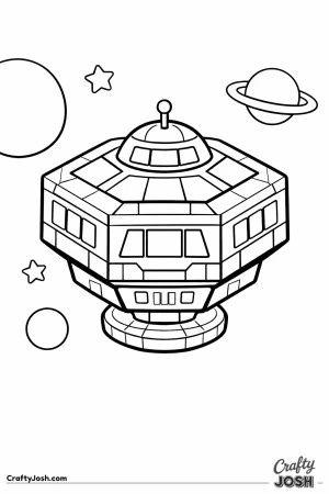 A hexagon-shaped space station with large windows floats in outer space, surrounded by planets and stars