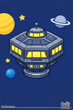 A hexagon-shaped space station with large windows floats in outer space, surrounded by planets and stars