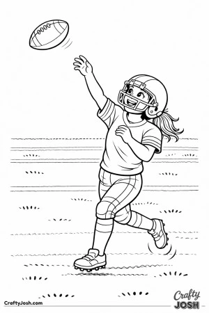 A young quarterback finishes a high throwing motion, arm fully extended as she watches the ball travel upward across the field