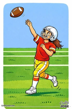 A young quarterback finishes a high throwing motion, arm fully extended as she watches the ball travel upward across the field