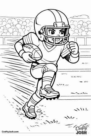 A youth football player accelerates forward with a high knee drive while holding the ball tightly, showing focus and power during the run