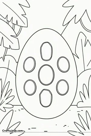 A giant golden magical egg sits in a simple jungle surrounded by big leaves and trees, with seven brightly glowing gemstones arranged on its surface ..