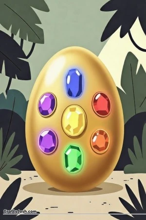A giant golden magical egg sits in a simple jungle surrounded by big leaves and trees, with seven brightly glowing gemstones arranged on its surface ..