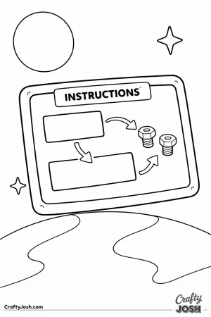 A floating instruction screen with arrows pointing to rectangular panels and two bolts appears above a curved planet with a moon and stars in the ..