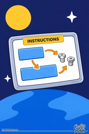 A floating instruction screen with arrows pointing to rectangular panels and two bolts appears above a curved planet with a moon and stars in the ..