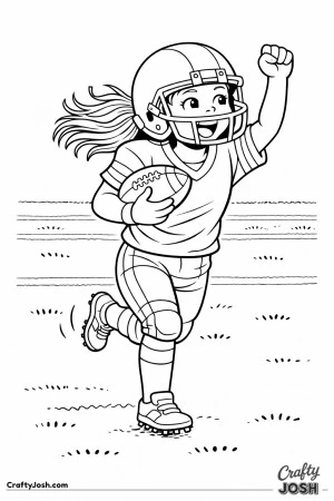A young football player runs freely after scoring, holding the ball and raising her arm in celebration with joy on her face