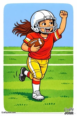 A young football player runs freely after scoring, holding the ball and raising her arm in celebration with joy on her face
