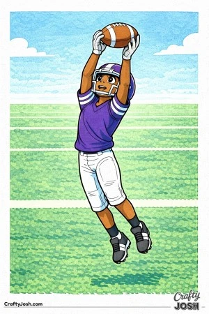 A young football player leaps into the air with arms fully extended to secure a high catch while keeping his eyes on the ball