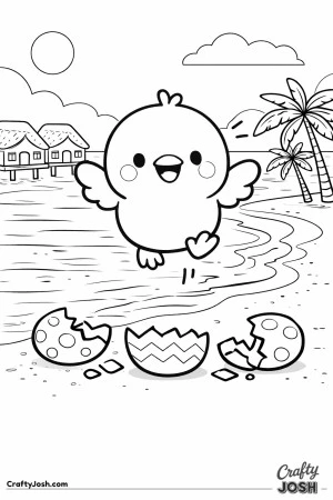 This coloring page shows a happy chick mid-jump on a tropical beach with palm trees, ocean waves, sunny sky, beach huts, and broken decorated eggs on ..