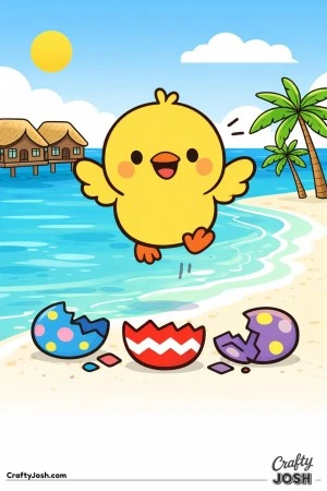 This coloring page shows a happy chick mid-jump on a tropical beach with palm trees, ocean waves, sunny sky, beach huts, and broken decorated eggs on ..