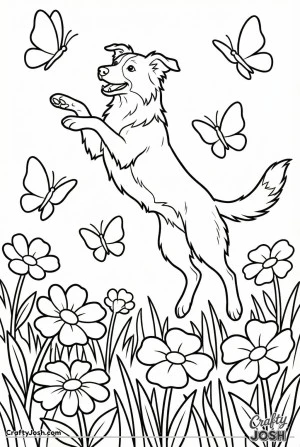 Kawaii border collie chasing butterflies