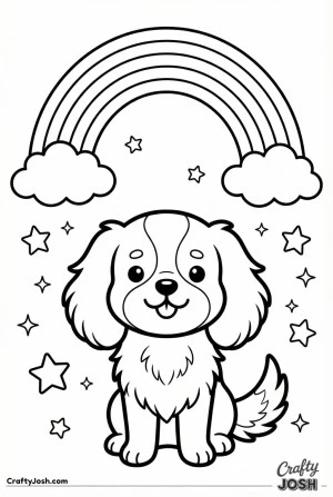 Kawaii cavalier puppy under rainbow