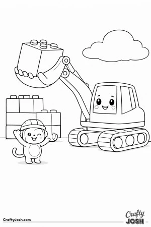 This coloring page shows a rounded kawaii digger lifting a large square building block while a monkey helper wearing a helmet stands beside stacked ..