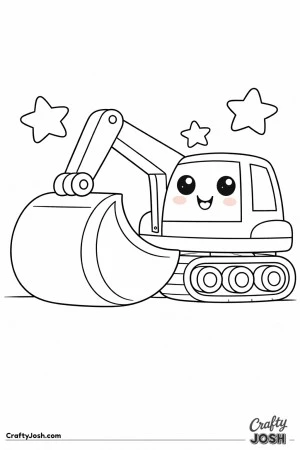This kawaii digger coloring page features a rounded excavator with big sparkling eyes and a large bucket