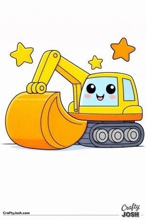 This kawaii digger coloring page features a rounded excavator with big sparkling eyes and a large bucket