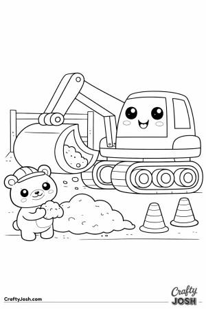 This kawaii digger coloring page features a rounded excavator scooping dirt at a simple construction site with a bear helper wearing a helmet