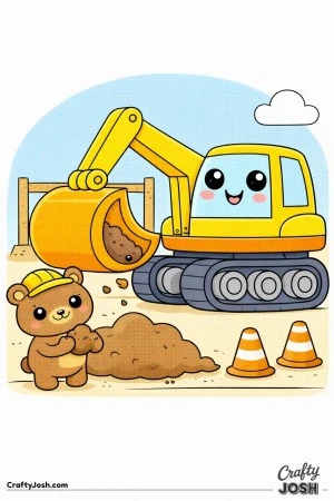 This kawaii digger coloring page features a rounded excavator scooping dirt at a simple construction site with a bear helper wearing a helmet