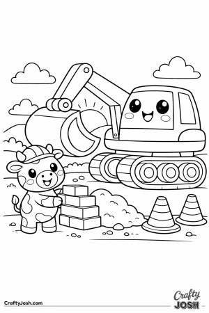This kawaii digger coloring page features a rounded excavator working at a simple construction site with a cow helper wearing a helmet