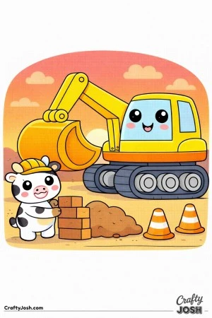 This kawaii digger coloring page features a rounded excavator working at a simple construction site with a cow helper wearing a helmet